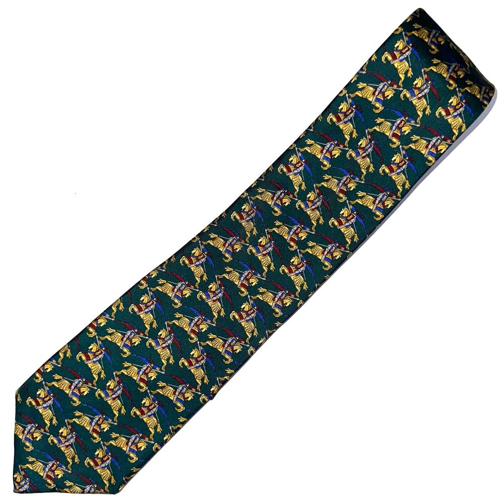 Vintage Burberry London Green Gold Jousting Equestrian Knight Designer Silk Tie